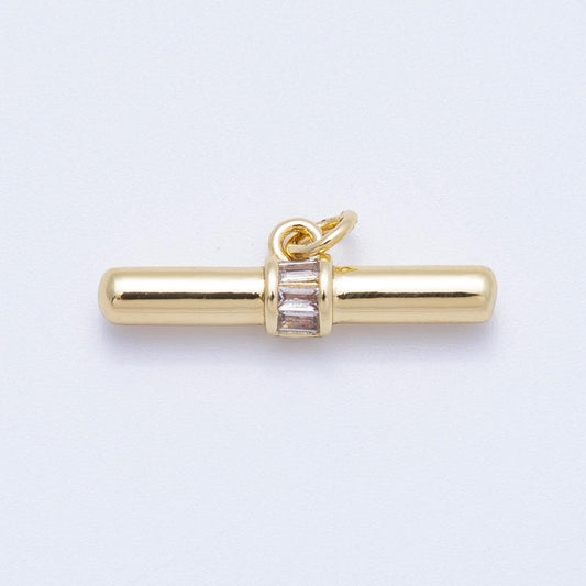 16K Gold Filled 26mm Clear Baguette CZ Tube Bar Charm T-Bar Cylinder Pendant Modern Geometric Gift for Her Jewelry Supply | Findings-00045