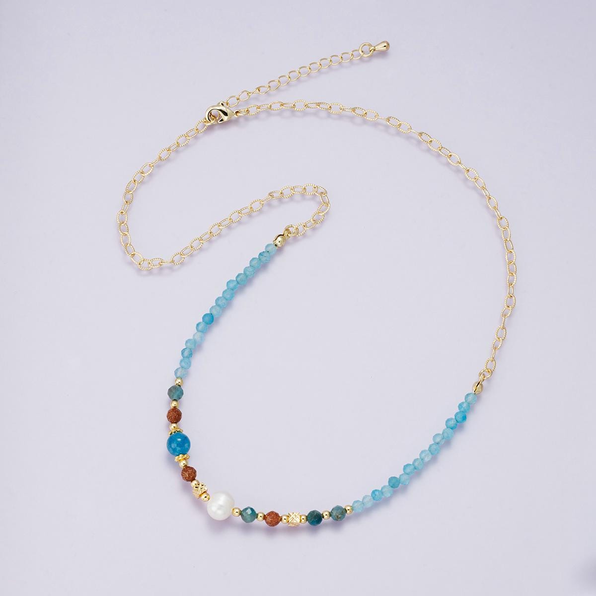 24K Gold Filled Blue Multicolor Gemstone Handmade 18inch necklace with gold accents trendy boho layering jewelry gift for her | WA-04232