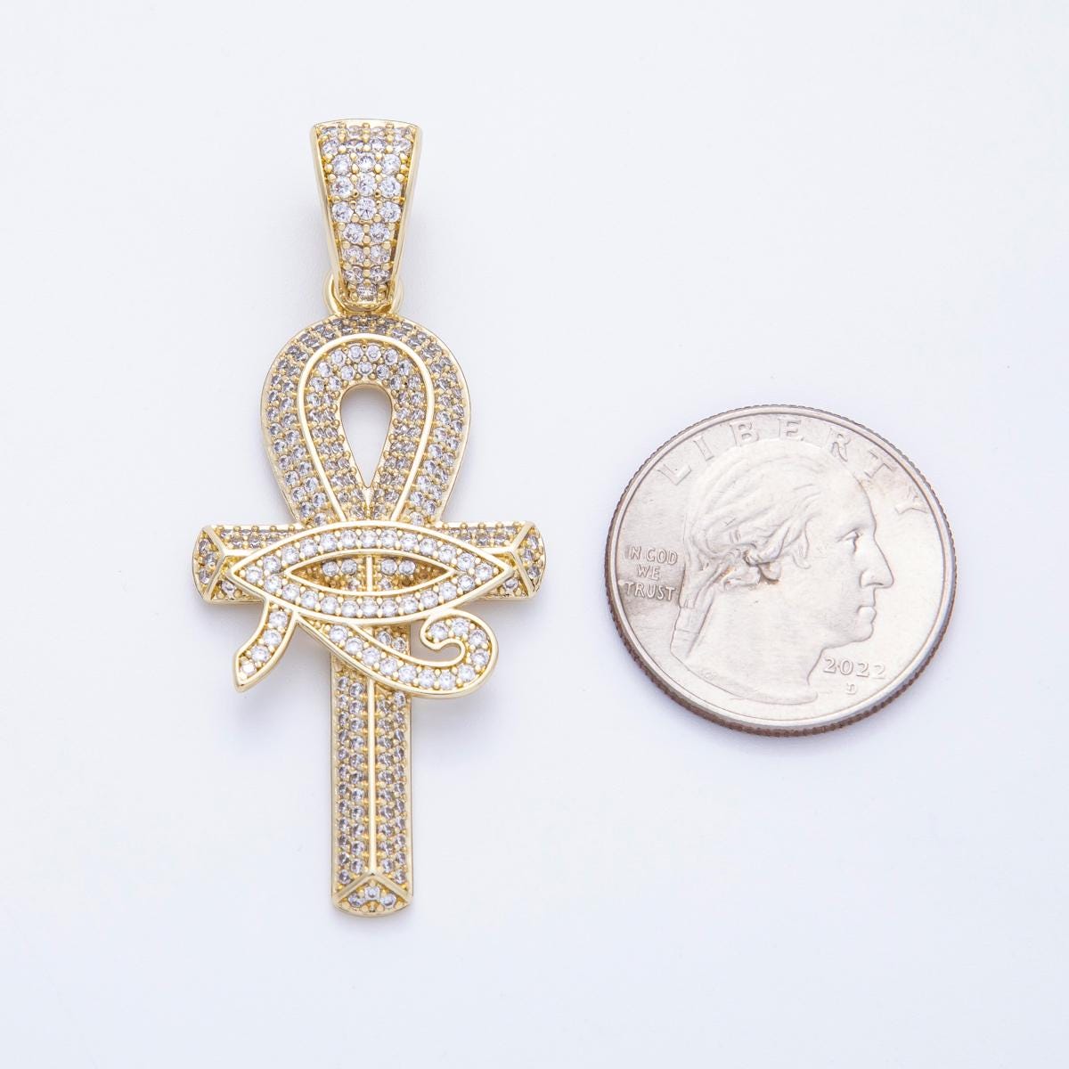 16k Gold Filled Iced Out Ankh Eye of Horus Pendant Egyptian Cross Amulet of Protection & Eternal Life Fine Jewelry Gift | CHARMS-00209