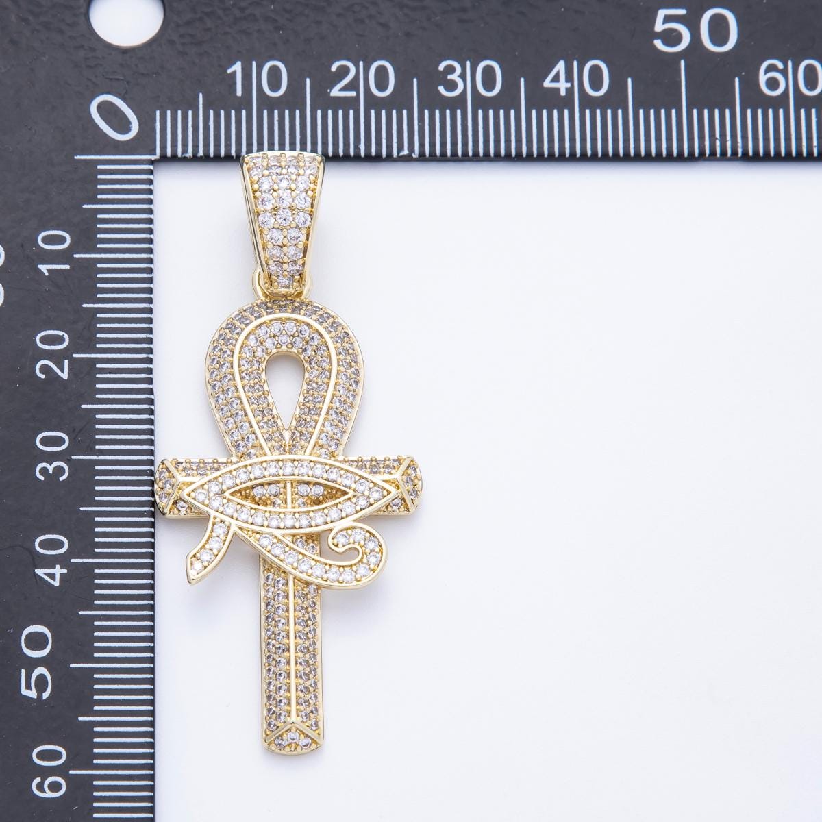 16k Gold Filled Iced Out Ankh Eye of Horus Pendant Egyptian Cross Amulet of Protection & Eternal Life Fine Jewelry Gift | CHARMS-00209