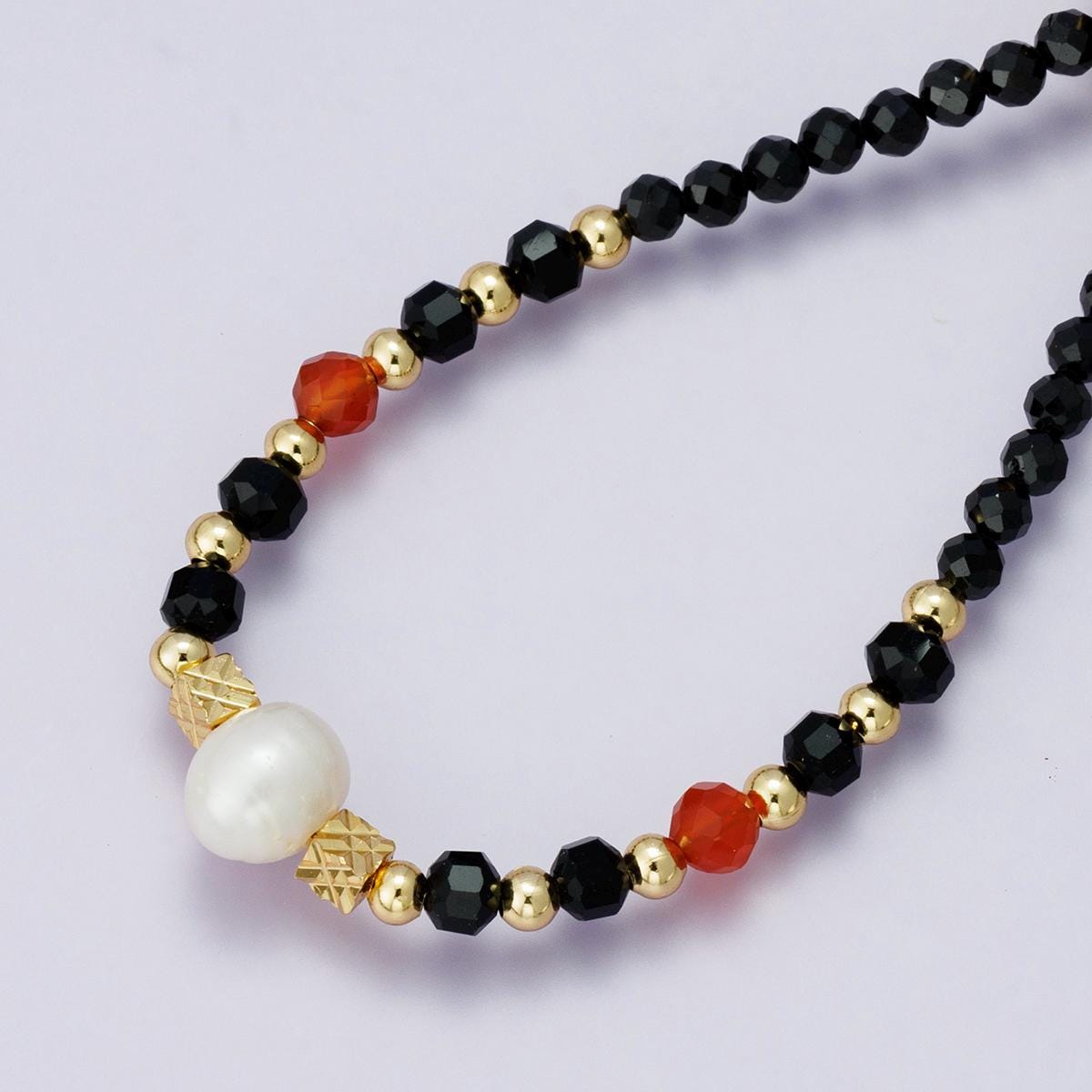 24K Gold Filled Handmade Shell Black Multifaceted Crystal Gemstone Necklace 18 inch + 2 inch extender trendy jewelry gift for her | WA-04233