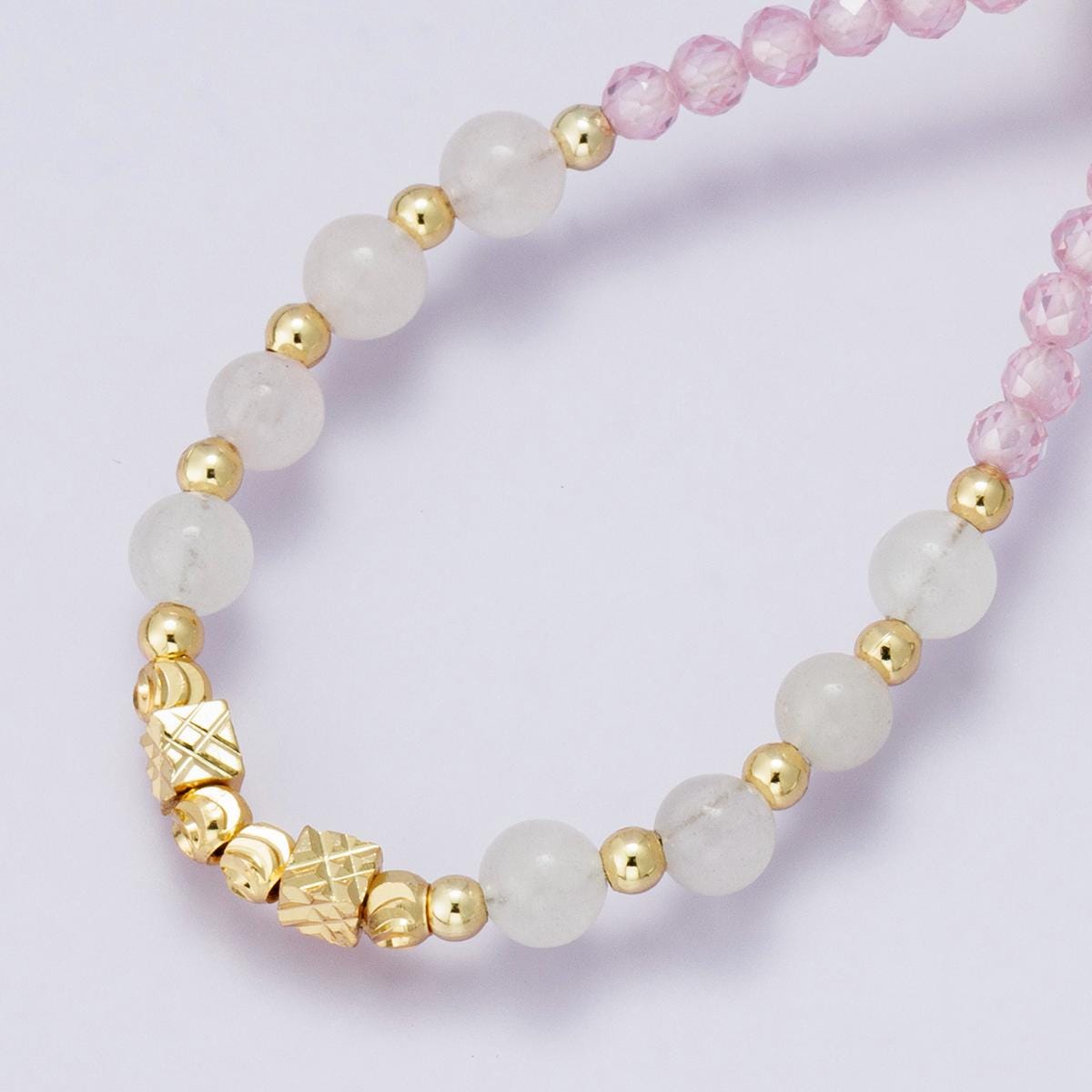 Pink Ombre Gemstone 24k Gold Filled Faceted Rose Quartz Beaded Dainty Pink Opal Layering Necklace Handmade Jewelry Gift for Her | WA-04234