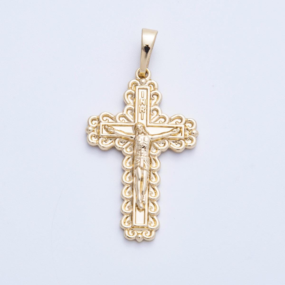 16k Gold Filled Crucifix Pendant 30mm Scalloped Filigree Cross Charm Catholic Religious Jewelry Meaningful Faith Gift for Her | CHARMS-00211