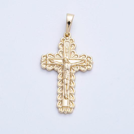 16k Gold Filled Crucifix Pendant 30mm Scalloped Filigree Cross Charm Catholic Religious Jewelry Meaningful Faith Gift for Her | CHARMS-00211