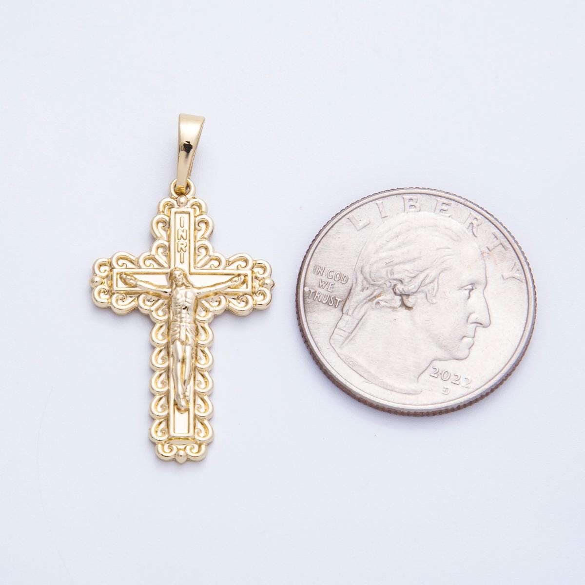16k Gold Filled Crucifix Pendant 30mm Scalloped Filigree Cross Charm Catholic Religious Jewelry Meaningful Faith Gift for Her | CHARMS-00211