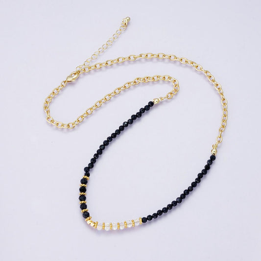 Black Agate and Clear Quartz Beaded Necklace 24k Gold filled Chain Dainty Black Gemstone Minimalist 18 inch Jewelry for Her | WA-04235