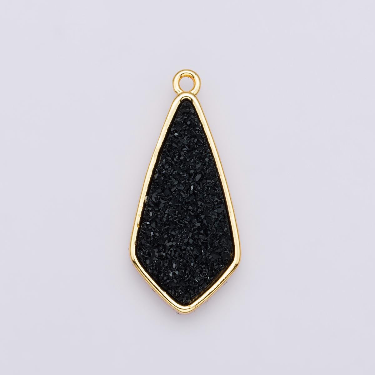 Black Blue & Pink Druzy Geometric Teardrop Pendant 24k Gold Filled 30.5mm Iridescent Shield Connector DIY Jewelry Making for her | E-00438