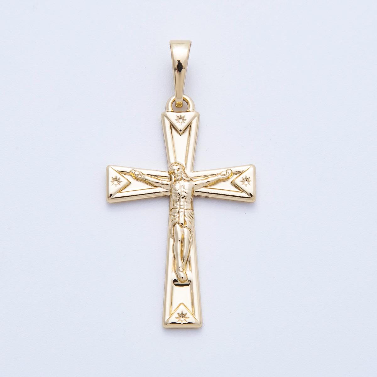 16k Gold Filled Engraved Starburst Cross Charm 29.6mm Minimalist Catholic Religious Jewelry Meaningful Gift for Her | CHARMS-00214