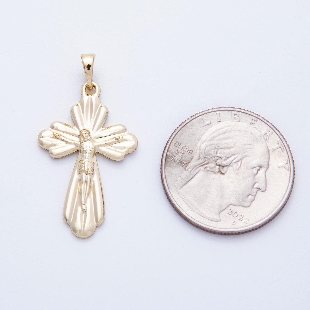 Ornate 16k Gold Filled 29.6mm Scalloped Crucifix Vintage Style Petal Cross Pendant Catholic Religious Jewelry Floral Amulet | CHARMS-00216