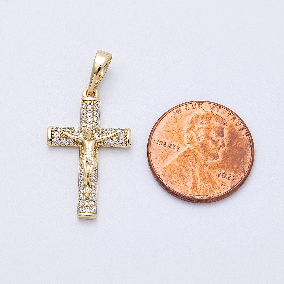 14k Gold Filled Crucifix Pendant 24.5mm Micro Pave CZ Cross Charm Modern Catholic Religious Jewelry Sparkling Gift for Her | CHARMS-00220