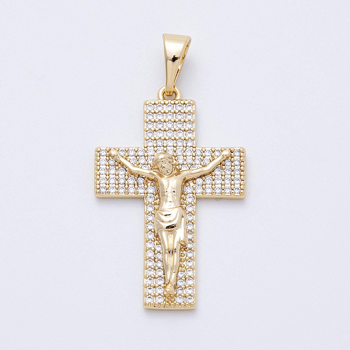 14k Gold Filled Crucifix Pendant 34.6mm Micro Pave CZ Cross Charm Modern Catholic Religious Jewelry Sparkling Gift for Her | CHARMS-00221