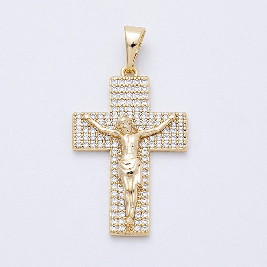 14k Gold Filled Crucifix Pendant 34.6mm Micro Pave CZ Cross Charm Modern Catholic Religious Jewelry Sparkling Gift for Her | CHARMS-00221