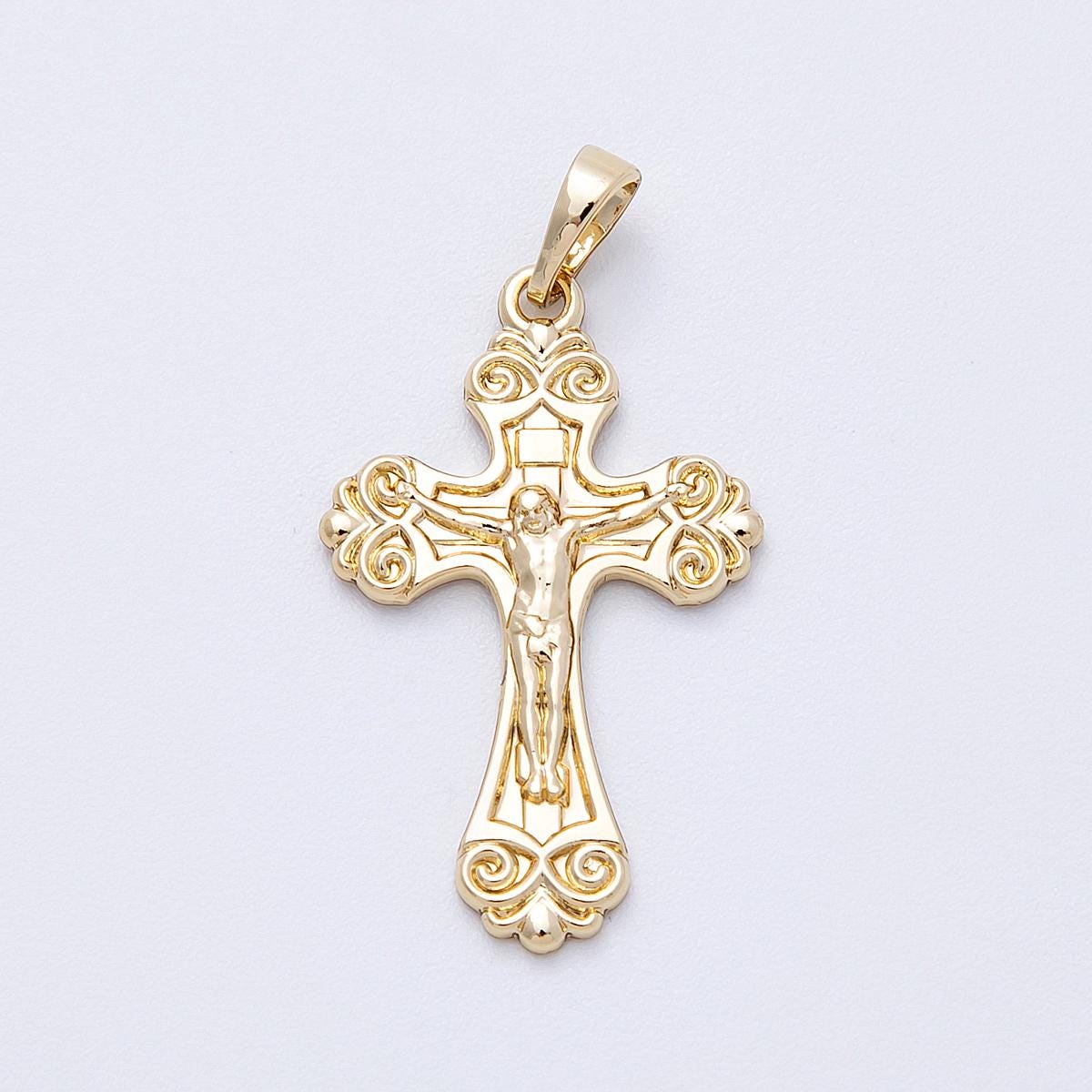 Ornate 14k Gold Filled 29.6mm Filigree Crucifix Vintage Byzantine Style Cross Pendant Catholic Religious Jewelry Swirl Detail | CHARMS-00222