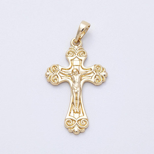 Ornate 14k Gold Filled 29.6mm Filigree Crucifix Vintage Byzantine Style Cross Pendant Catholic Religious Jewelry Swirl Detail | CHARMS-00222