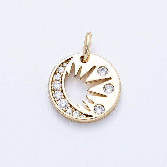 14k Gold Filled Celestial Moon & Sunburst Pendant 15.1mm Cut-out Crescent Moon Charm with Sparkling CZ Boho Gold Medallion | CHARMS-00328