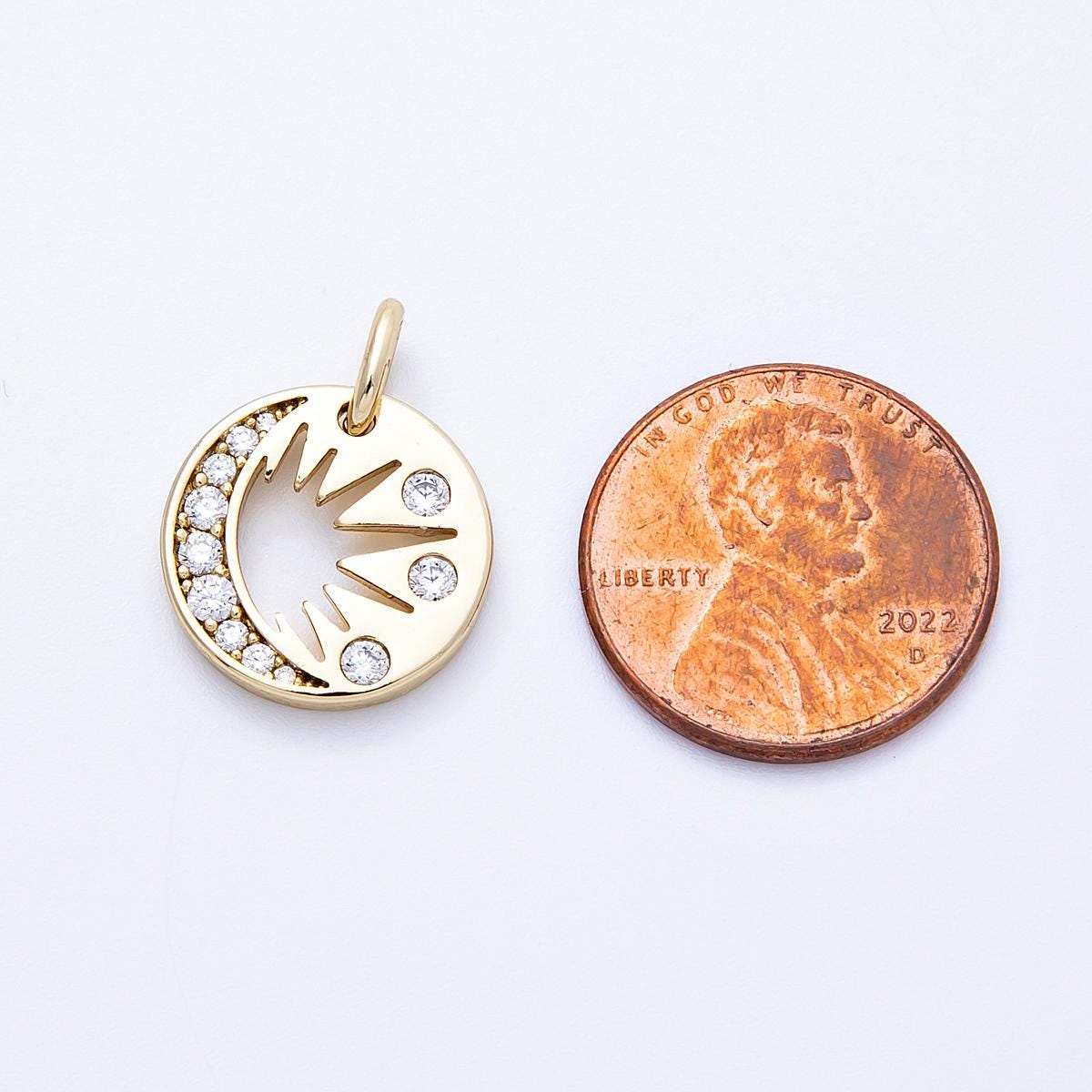 14k Gold Filled Celestial Moon & Sunburst Pendant 15.1mm Cut-out Crescent Moon Charm with Sparkling CZ Boho Gold Medallion | CHARMS-00328