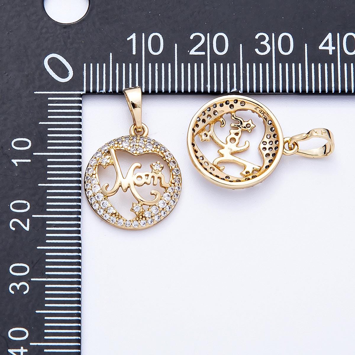 14K Gold Filled 17mm Micro Paved CZ "MOM" Open Round Charm Motherhood floating script medallion Mother's Day Gift | Charms-000329