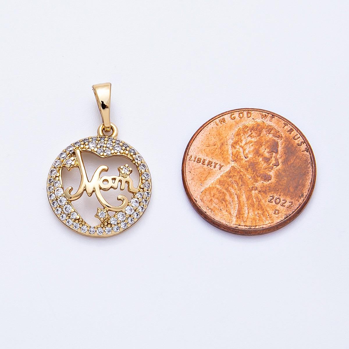 14K Gold Filled 17mm Micro Paved CZ "MOM" Open Round Charm Motherhood floating script medallion Mother's Day Gift | Charms-000329