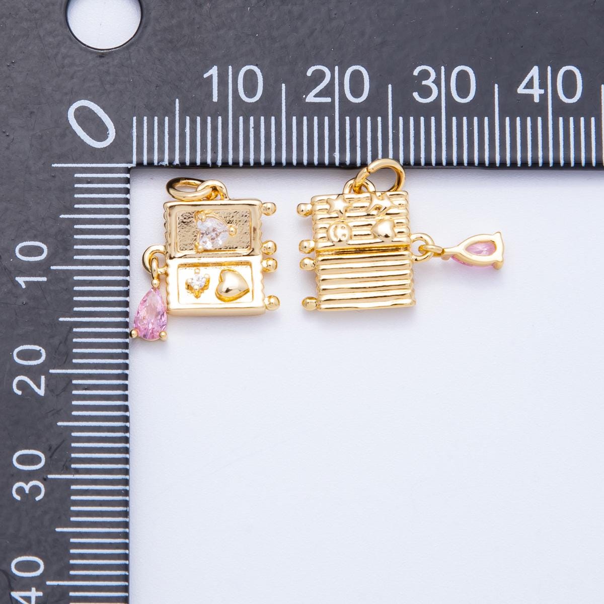 18K Gold Filled Mini Luggage Charm Dainty Travel Pendant for Summer Vacation Jewelry With Pink Tear Drop CZ Stone Charms-00349