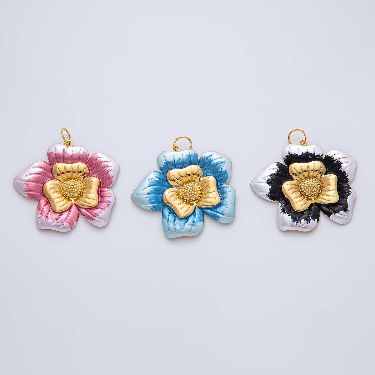 18K Gold Plated 51mm Blue, Pink, Black Enamel Blooming Flower Charm Summer Jewelry Making Supply for custom necklace | AF1421
