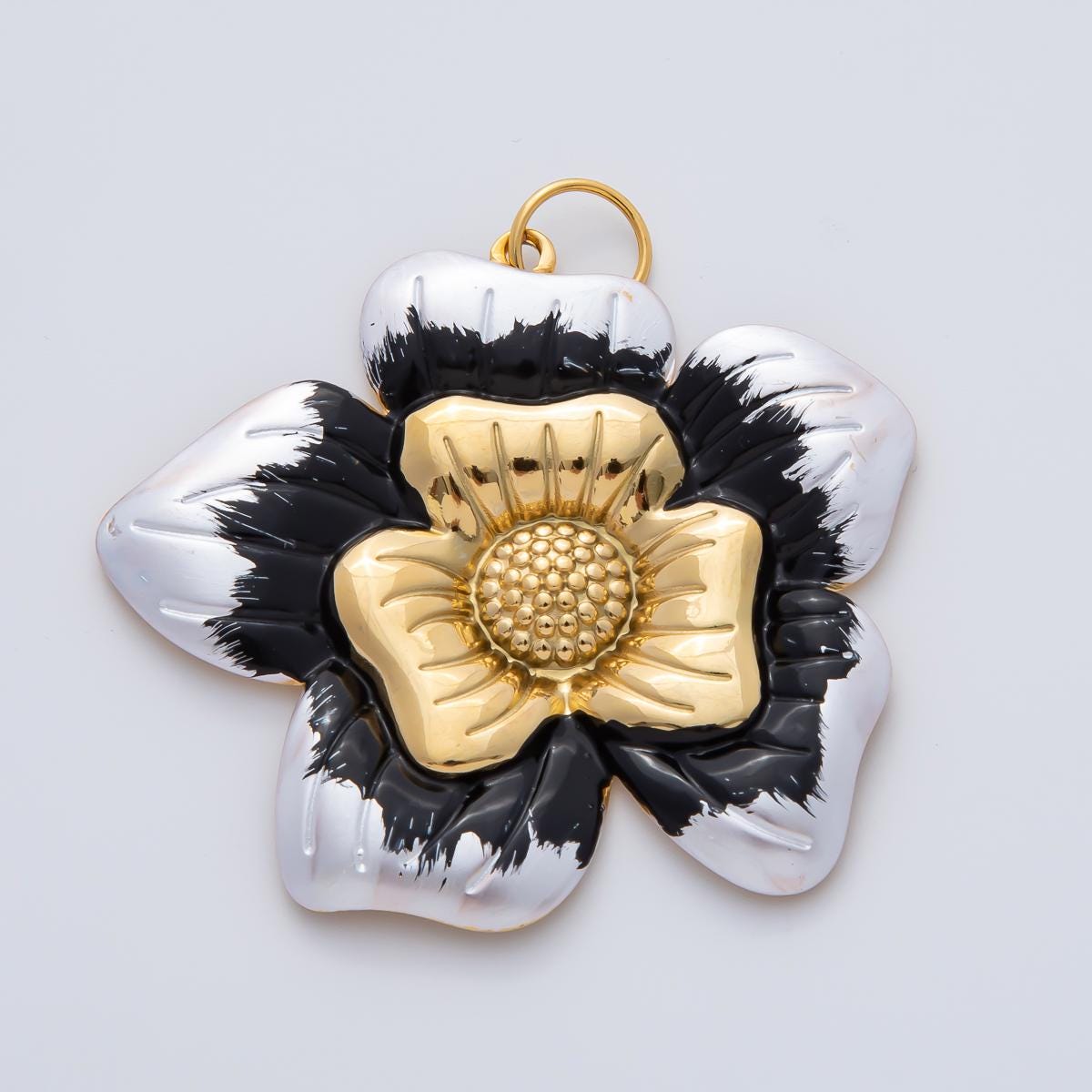 18K Gold Plated 51mm Blue, Pink, Black Enamel Blooming Flower Charm Summer Jewelry Making Supply for custom necklace | AF1421