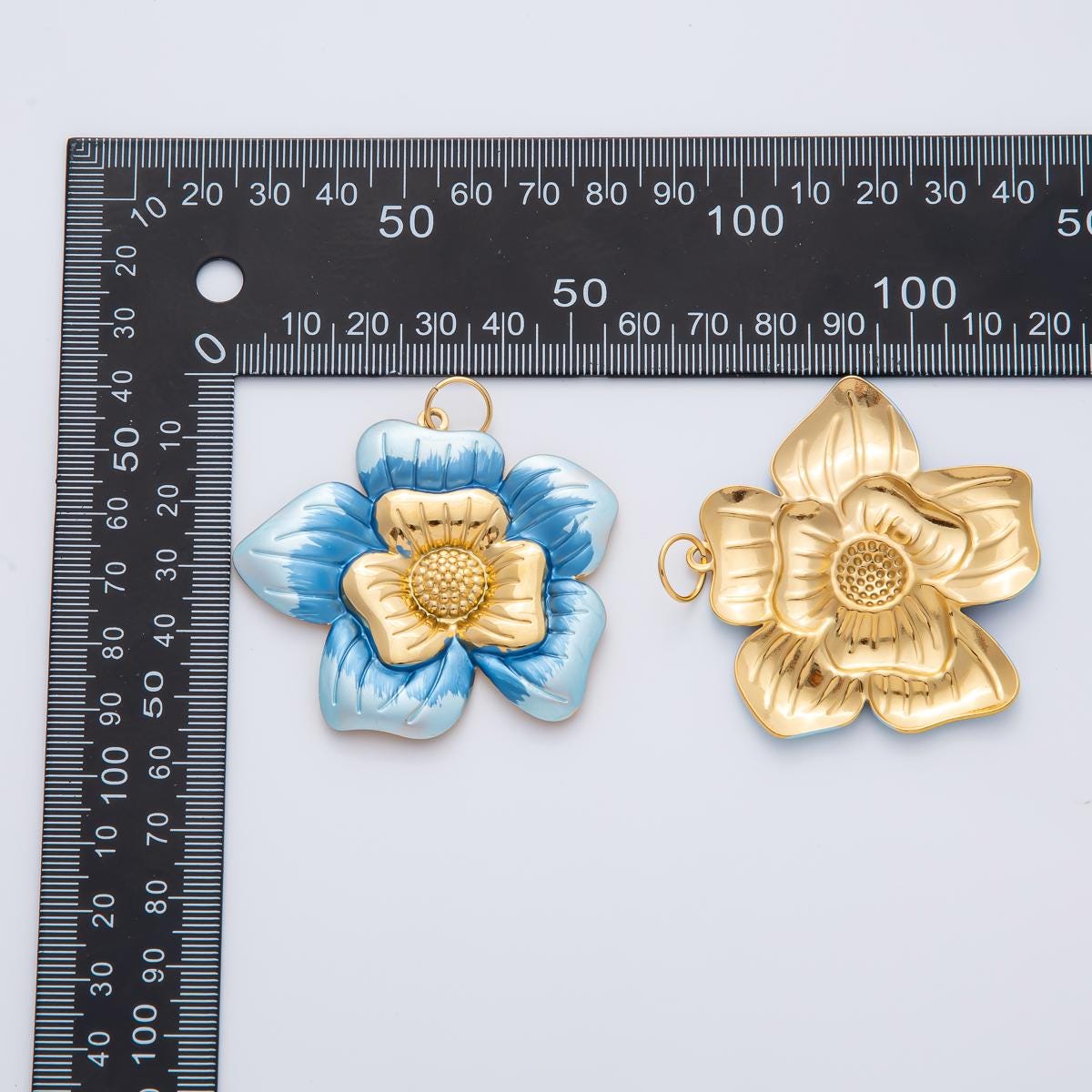 18K Gold Plated 51mm Blue, Pink, Black Enamel Blooming Flower Charm Summer Jewelry Making Supply for custom necklace | AF1421