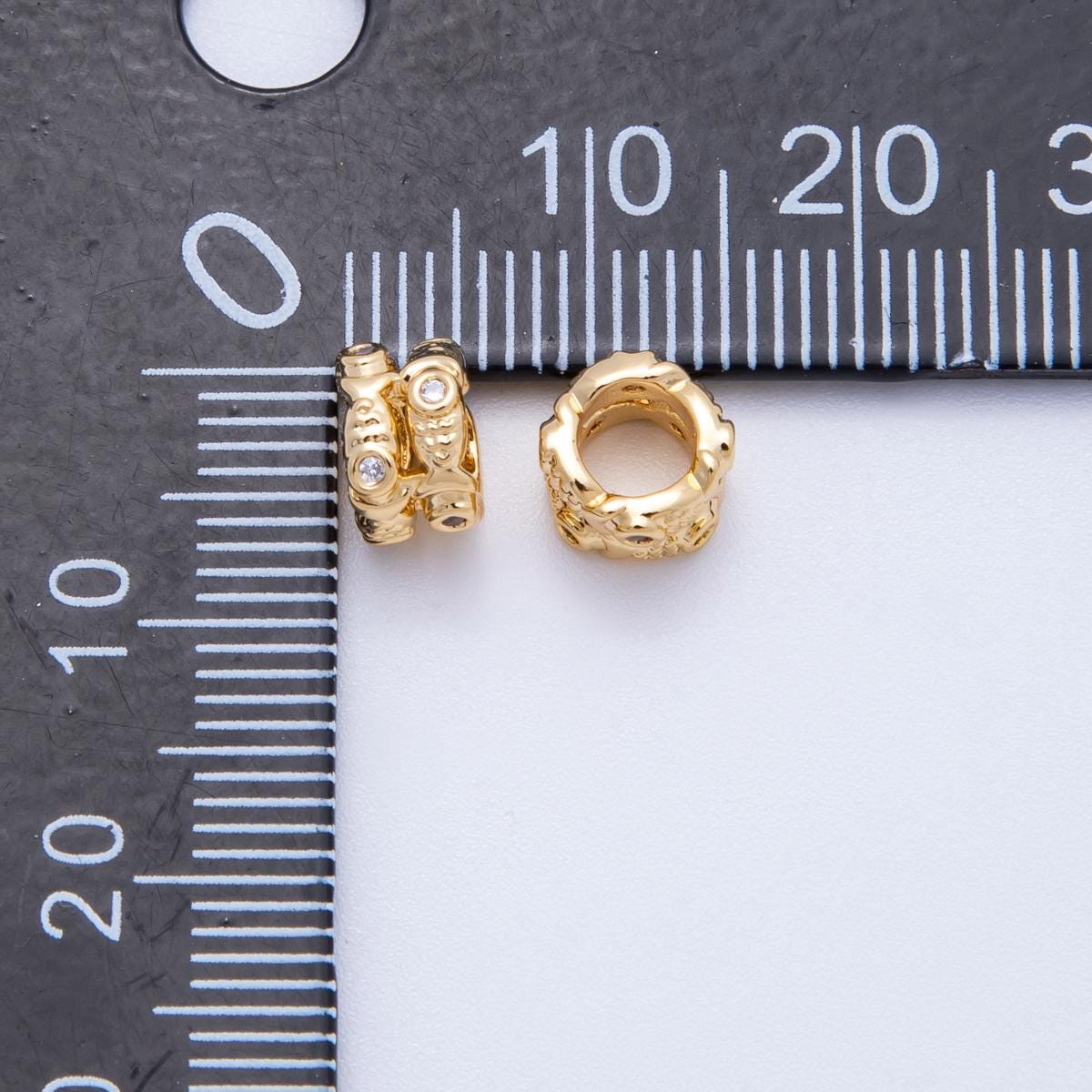 18k gold filled 7mm round beaded Micro Pave Fish Design outline spacer donut bead | Beads-00166