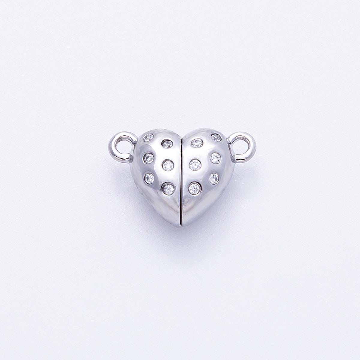 White Gold Filled 10mm CZ Dotted Magnetic Heart Connector Closure Finding Dainty Bracelet or Necklace magnet closure DIY | Findings-00050