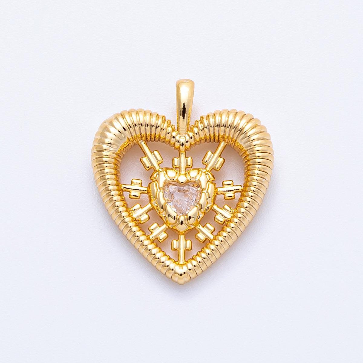 18k gold filled swirly textured heart pendant 20mm round CZ heart charm dainty sunburst love medal diy jewelry supply | CHARMS-00341