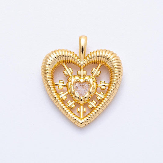 18k gold filled swirly textured heart pendant 20mm round CZ heart charm dainty sunburst love medal diy jewelry supply | CHARMS-00341