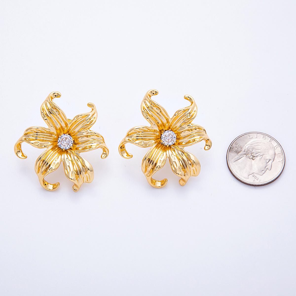 18K Gold Filled 41mm Clear CZ Blooming Molten Flower Pin Brooch Elegant Floral Pin Wedding Gift for her botanical accessory | BH-118