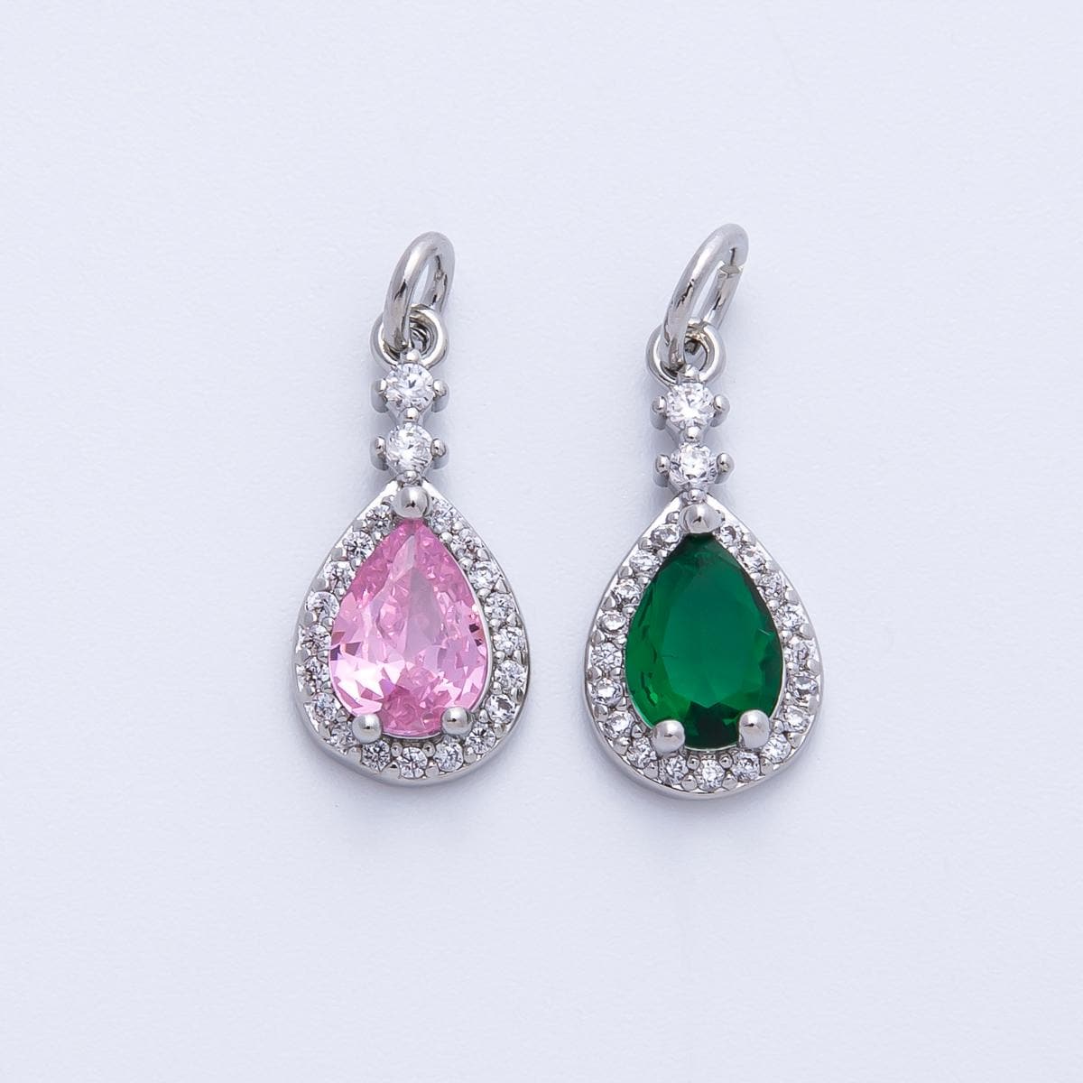 White gold filled Pink Sapphire and Emerald Gemstone Charm 16mm CZ Halo Bridal Jewelry Supply Dainty Necklace gift for her | CHARMS-00350