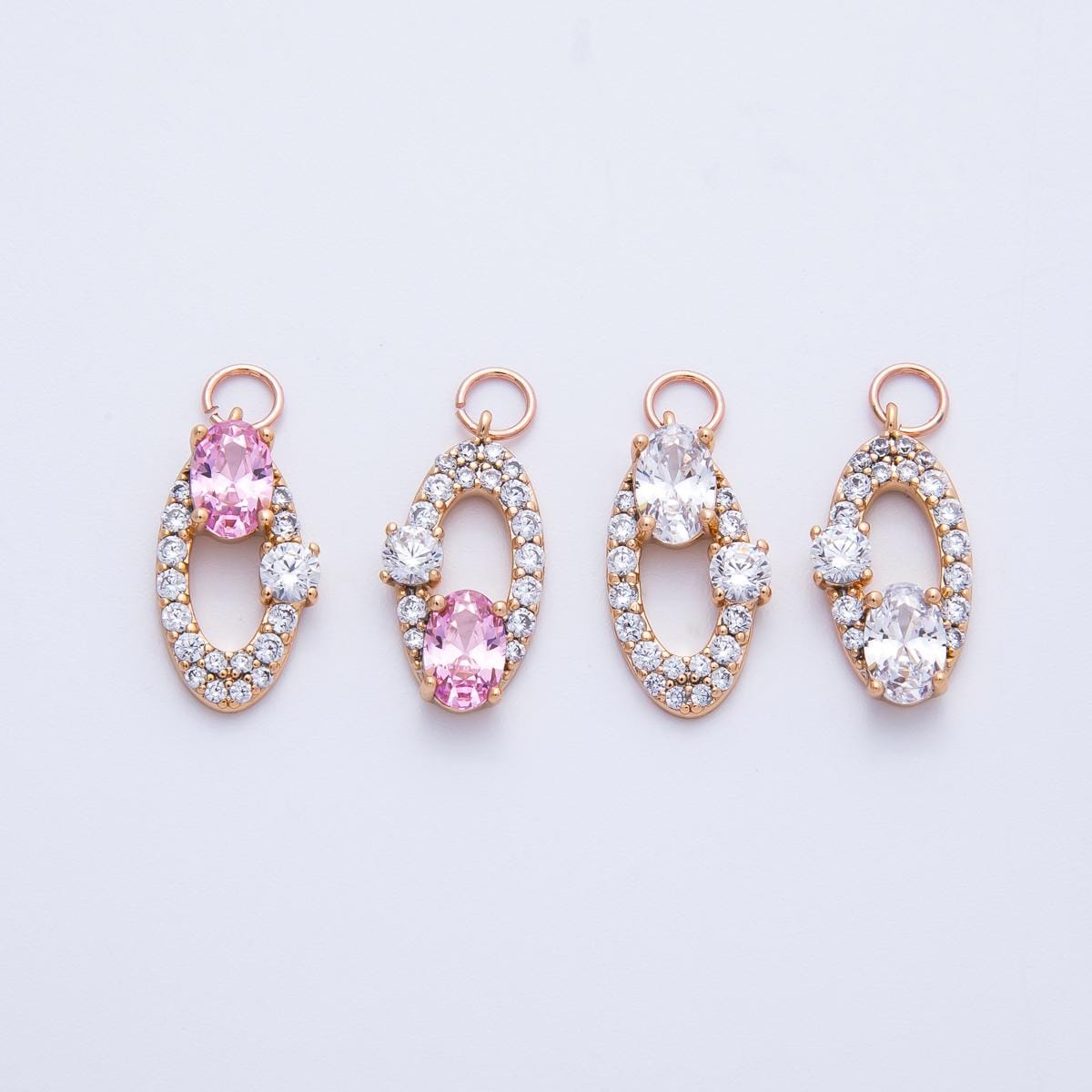 Rose Gold Oval Halo Charms Dainty Micro Pave CZ Pendants Pink & Clear Crystals Jewelry Making DIY Necklace Bracelet Supplies | CHARMS-00368