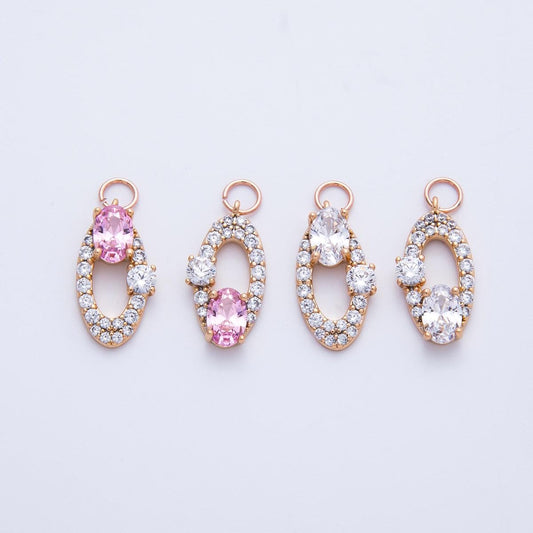 Rose Gold Oval Halo Charms Dainty Micro Pave CZ Pendants Pink & Clear Crystals Jewelry Making DIY Necklace Bracelet Supplies | CHARMS-00368