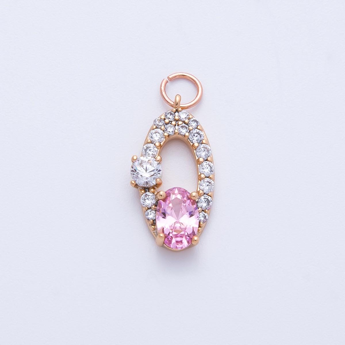Rose Gold Oval Halo Charms Dainty Micro Pave CZ Pendants Pink & Clear Crystals Jewelry Making DIY Necklace Bracelet Supplies | CHARMS-00368