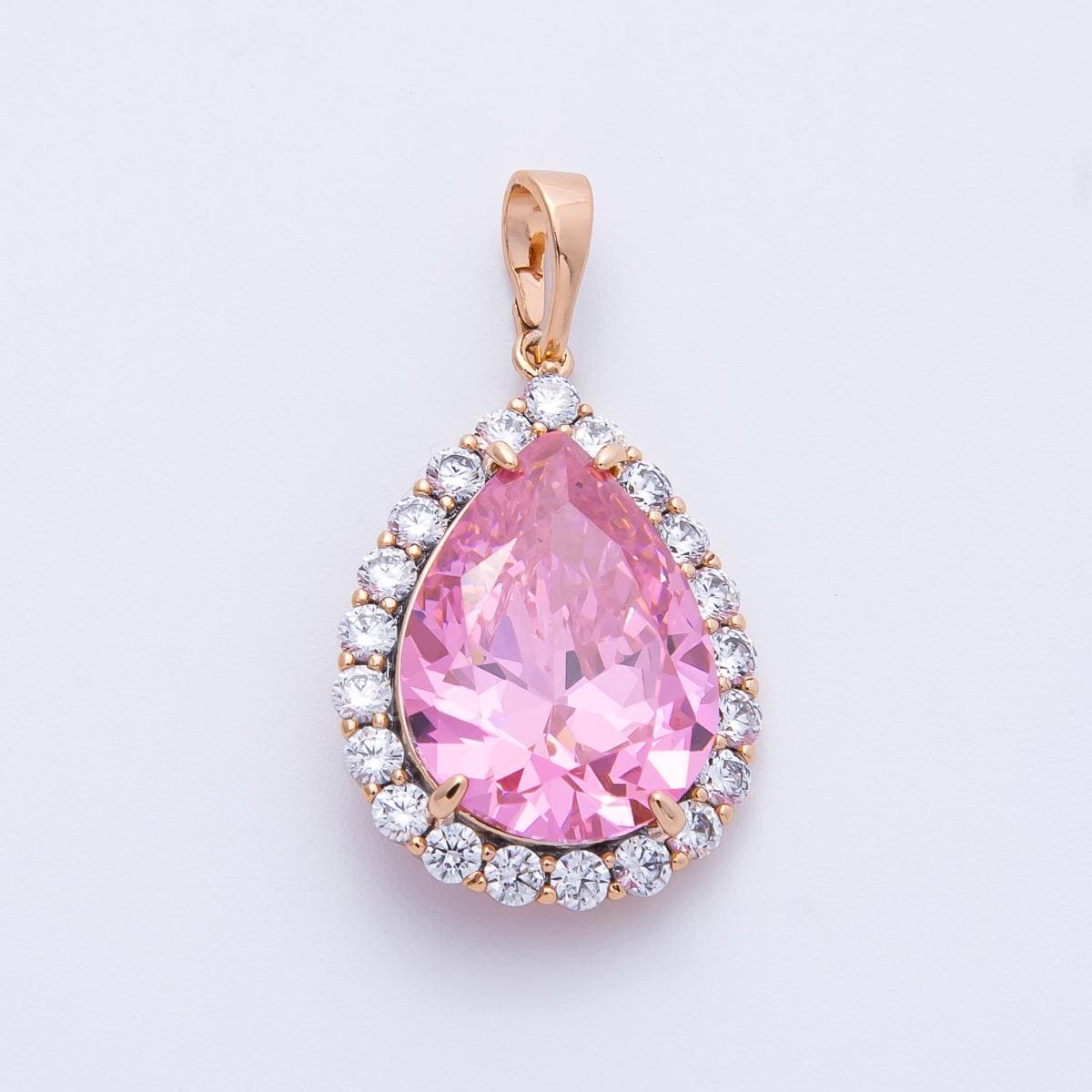 Rose Gold Large CZ Pink Teardrop Pendant Pear Cut Halo Necklace Charm Sparkling Elegant DIY Jewelry Making Supply | CHARMS-00374