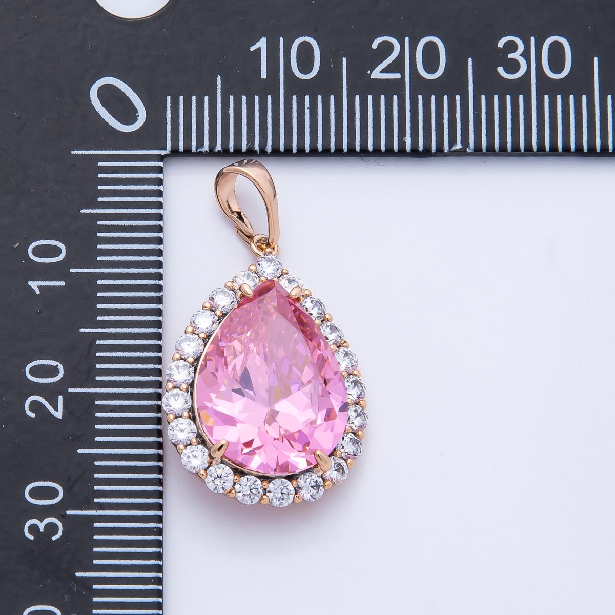 Rose Gold Large CZ Pink Teardrop Pendant Pear Cut Halo Necklace Charm Sparkling Elegant DIY Jewelry Making Supply | CHARMS-00374