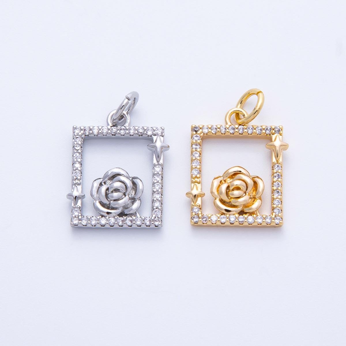 18k Gold filled & white gold Floating Rose Rectangle Frame Pendant Dainty Micro Pave CZ Jewelry Making Supply Custom Necklace | CHARMS-00375