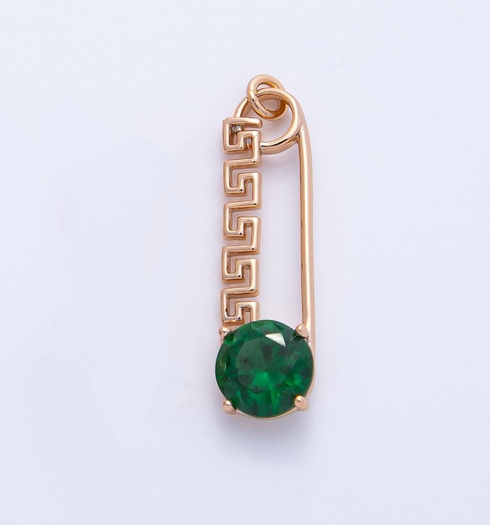 Rose Gold Safety Pin Charm 25mm Birthstone Crystal Pendant Greek Style CZ Pin Jewelry Necklace & Bracelet Making DIY Supply | CHARMS-00377