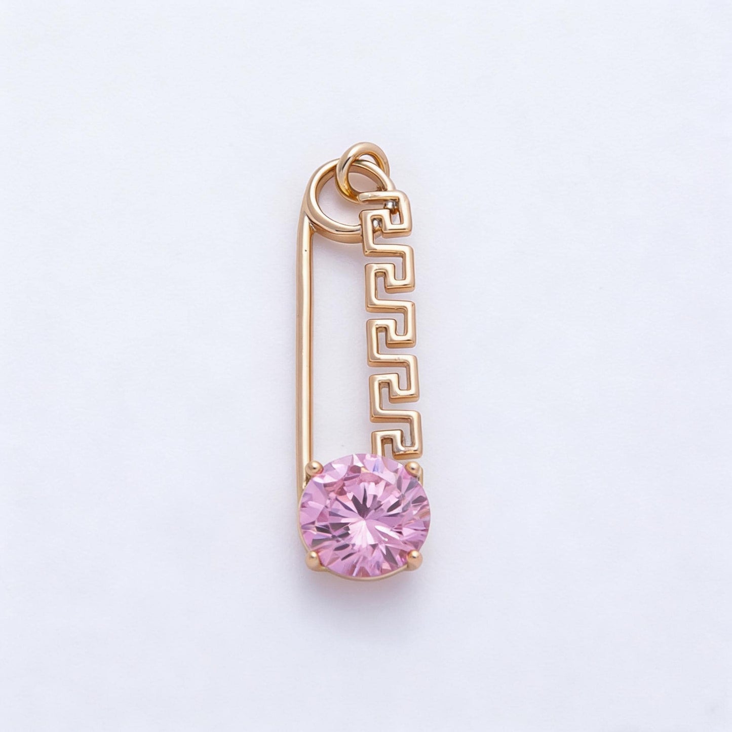 Rose Gold Safety Pin Charm 25mm Birthstone Crystal Pendant Greek Style CZ Pin Jewelry Necklace & Bracelet Making DIY Supply | CHARMS-00377