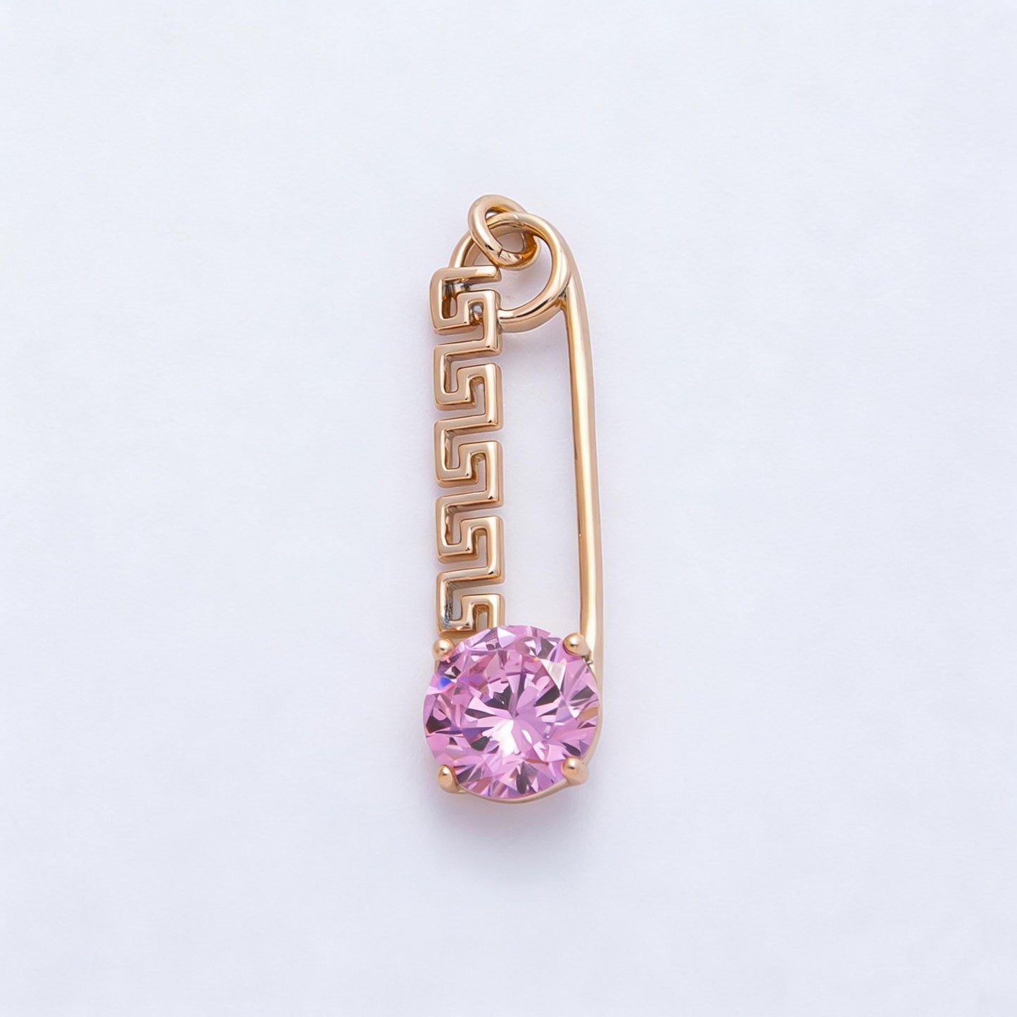 Rose Gold Safety Pin Charm 25mm Birthstone Crystal Pendant Greek Style CZ Pin Jewelry Necklace & Bracelet Making DIY Supply | CHARMS-00377