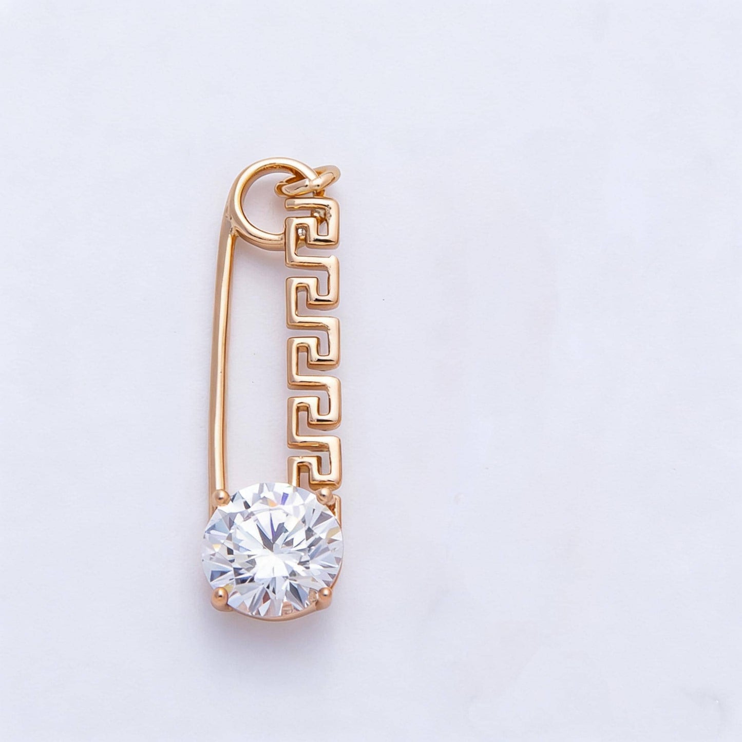 Rose Gold Safety Pin Charm 25mm Birthstone Crystal Pendant Greek Style CZ Pin Jewelry Necklace & Bracelet Making DIY Supply | CHARMS-00377