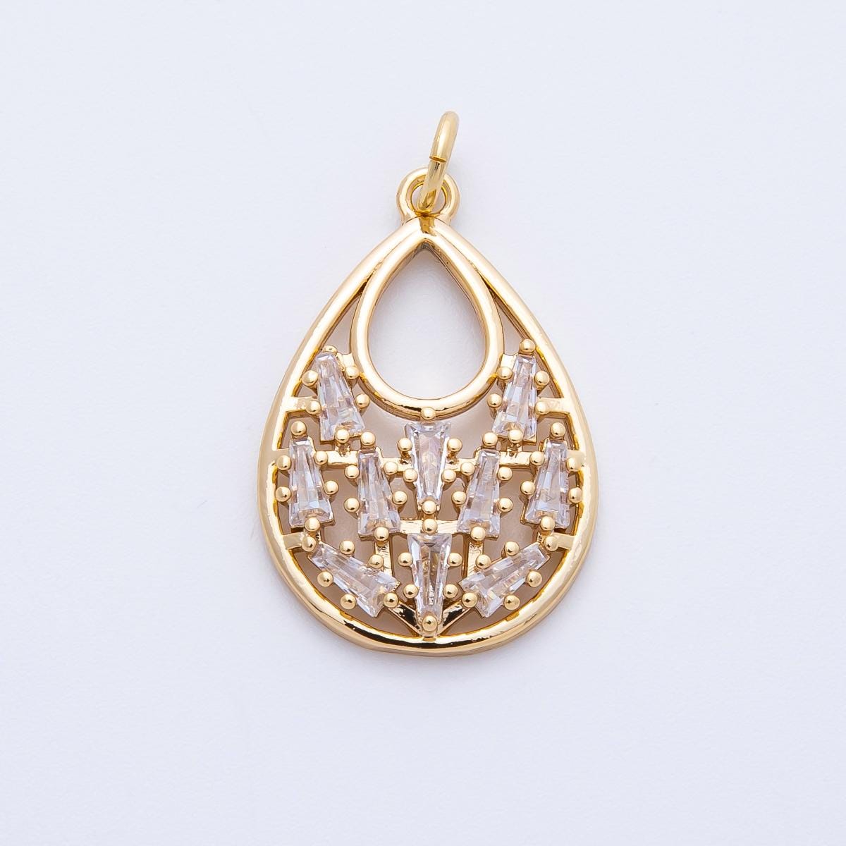 16k Gold Filled Filigree Teardrop Charm with Baguette CZ Vintage Inspired Dainty Necklace and Earrings Charm Jewelry Gift Her | CHARMS-00390