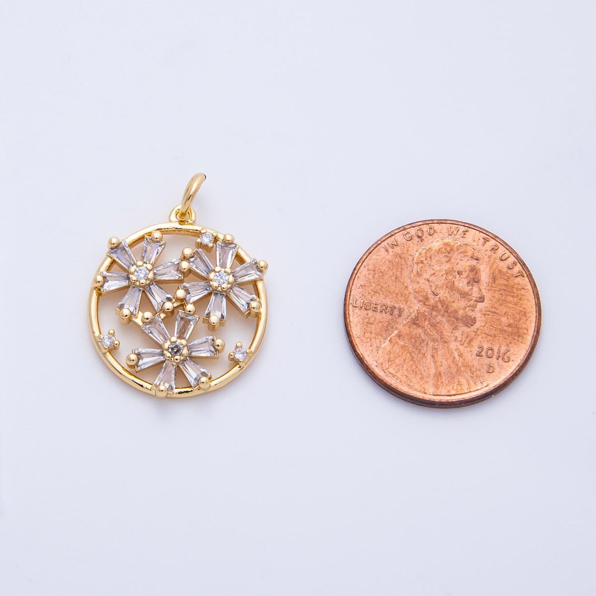 16K Gold Filled Triple Baguette Flowers Open Round Charm Sparkly Daisy Botanical Gift Floral DIY Jewelry Supply Necklace | CHARMS-00392