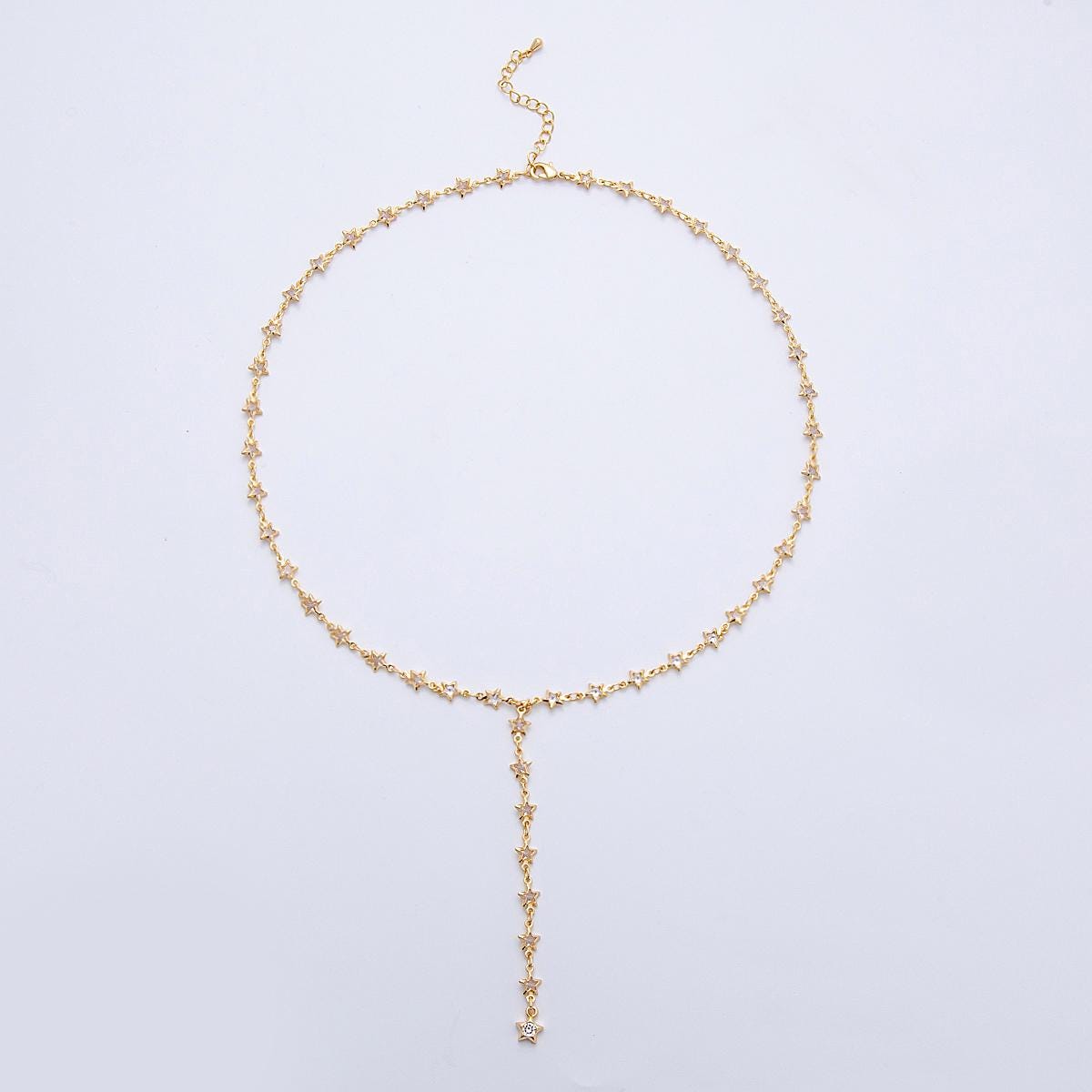 18K Gold Filled Lariat Necklace, Y Necklace Star CZ Link Necklace, Minimalist Celestial Jewelry Long Gold Necklace 18.5 inch WA-4197