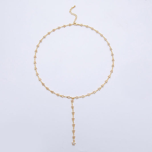 18K Gold Filled Lariat Necklace, Y Necklace Star CZ Link Necklace, Minimalist Celestial Jewelry Long Gold Necklace 18.5 inch WA-4197