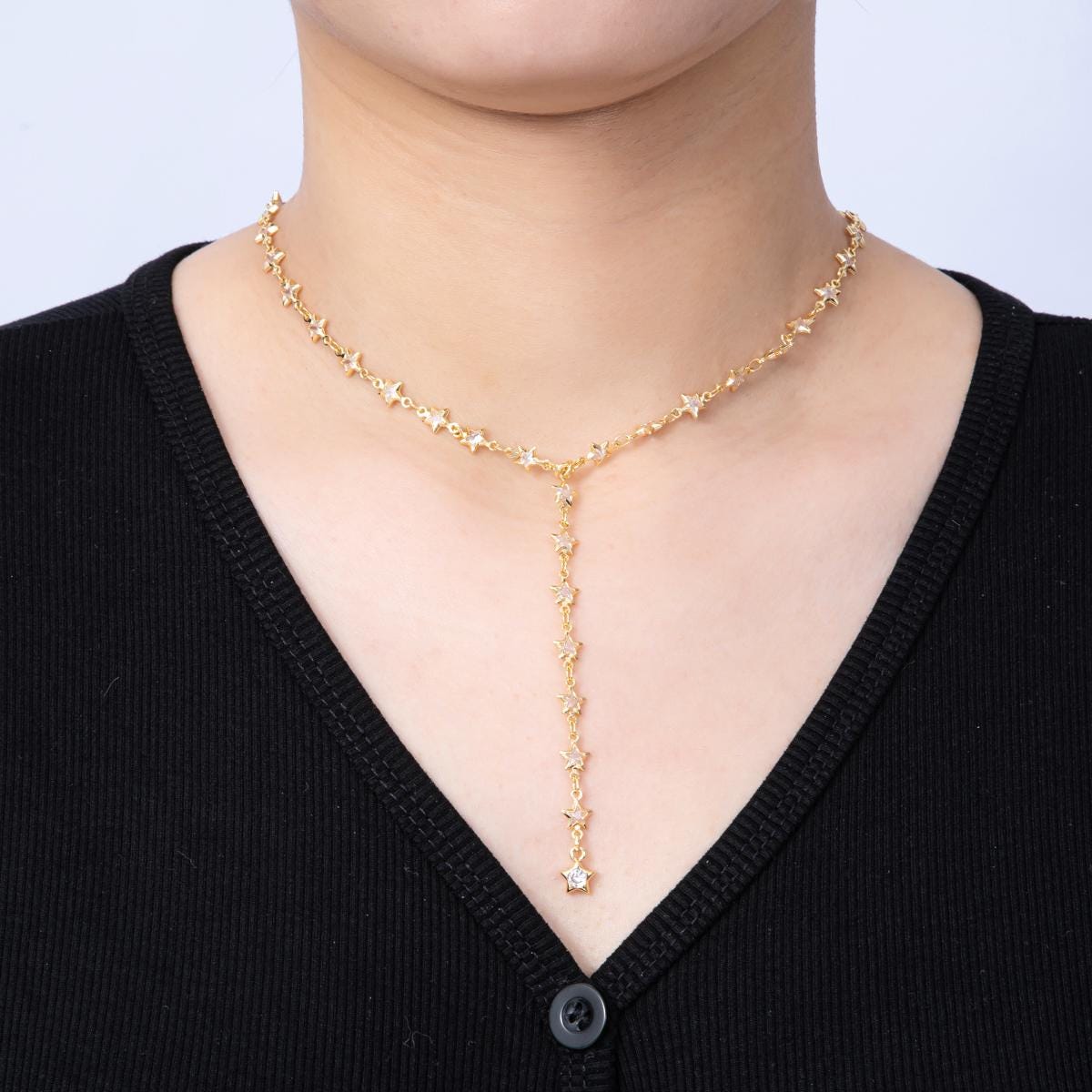 18K Gold Filled Lariat Necklace, Y Necklace Star CZ Link Necklace, Minimalist Celestial Jewelry Long Gold Necklace 18.5 inch WA-4197