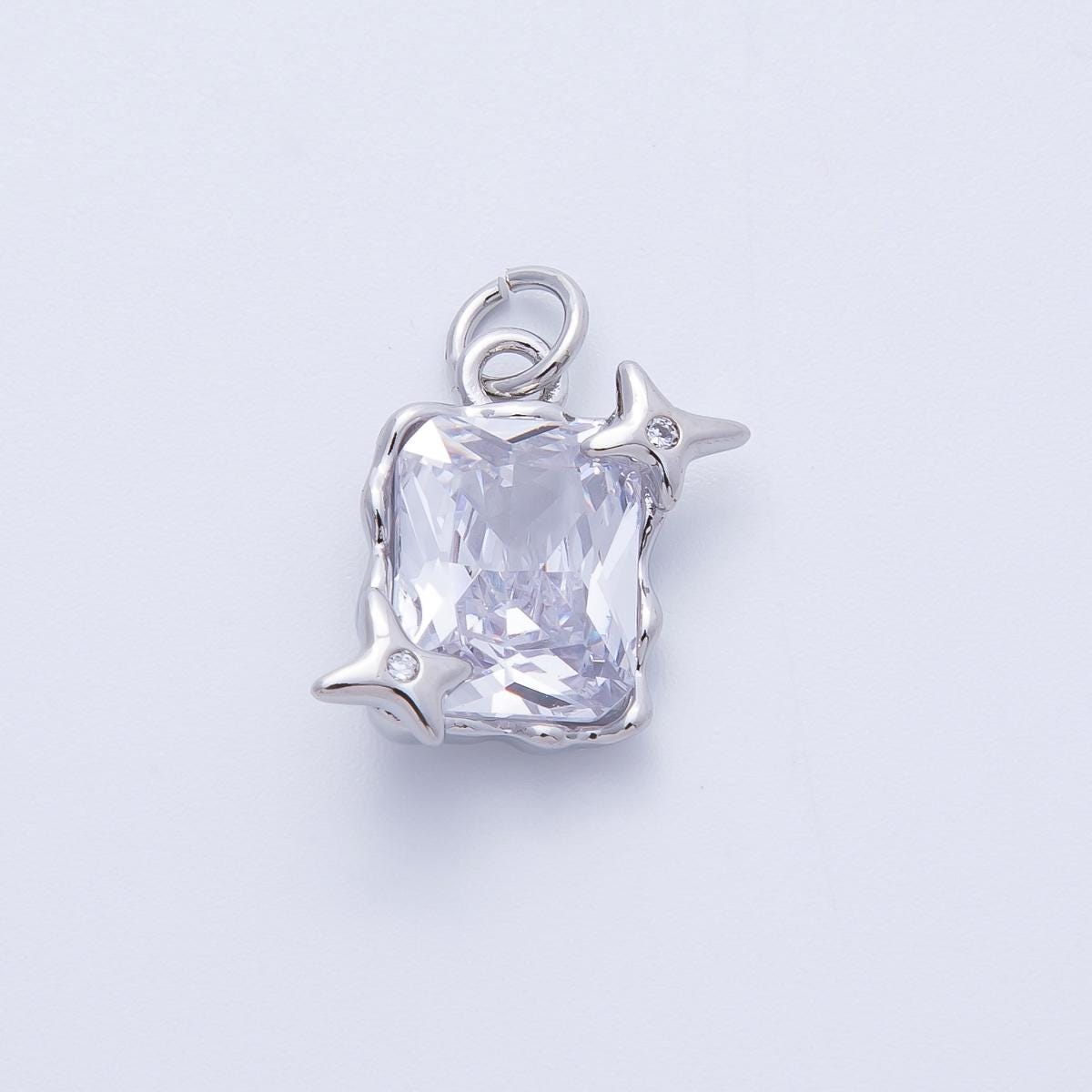 White Gold Filled Cosmic Emerald Cut CZ Pendant with Stars 15.4mm Celestial Jewelry Sparkly Charm Gift for Her DIY Necklace | CHARMS-00393