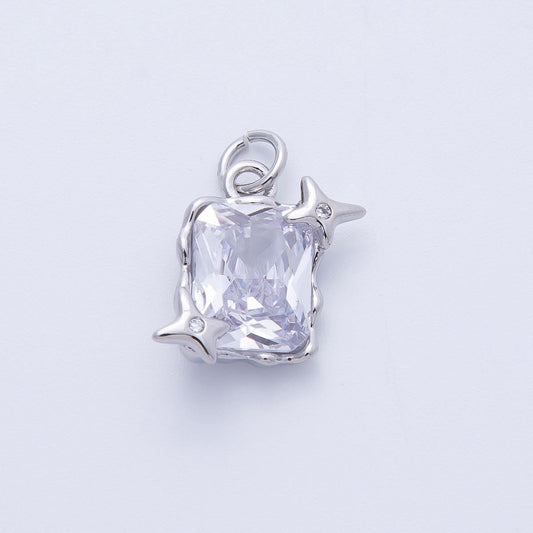 White Gold Filled Cosmic Emerald Cut CZ Pendant with Stars 15.4mm Celestial Jewelry Sparkly Charm Gift for Her DIY Necklace | CHARMS-00393