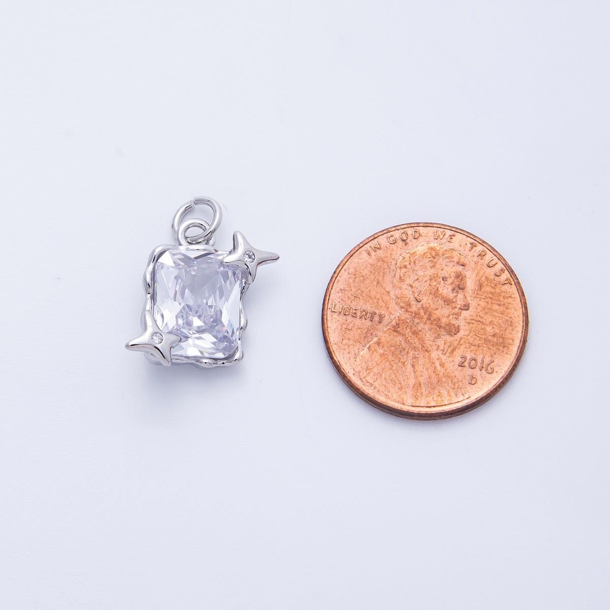 White Gold Filled Cosmic Emerald Cut CZ Pendant with Stars 15.4mm Celestial Jewelry Sparkly Charm Gift for Her DIY Necklace | CHARMS-00393